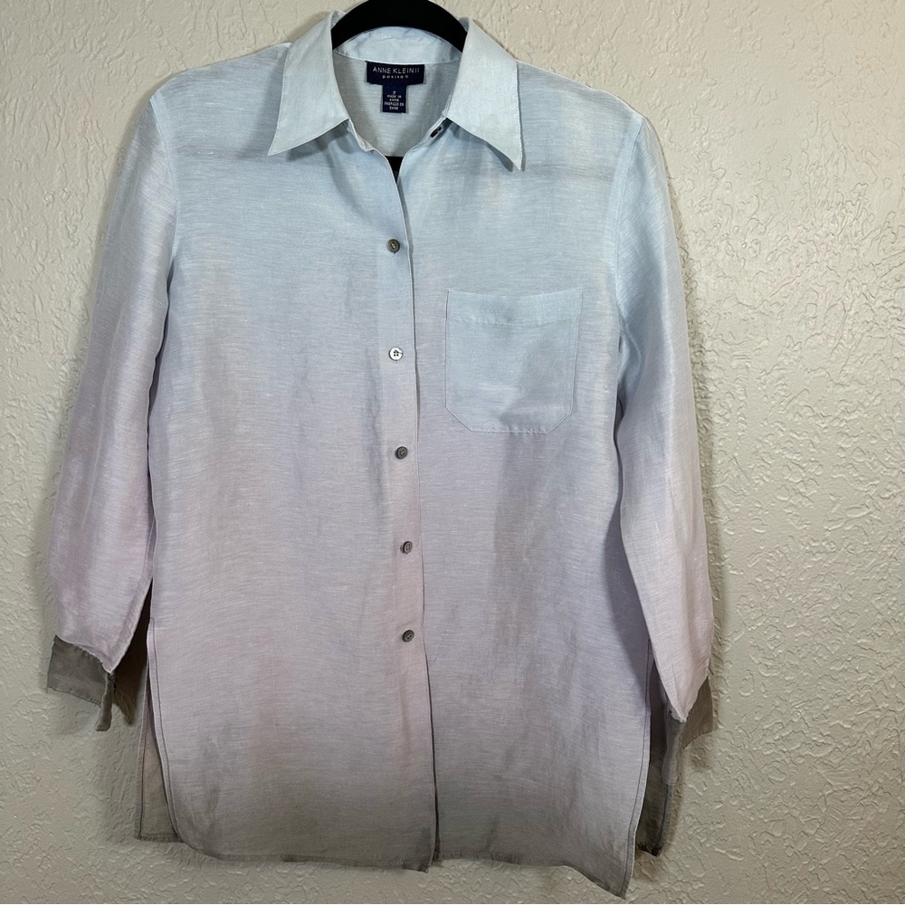 Anne Klein 2P Ombré Silk Linen Button Top Blouse Shirt Old Money Quiet Luxury